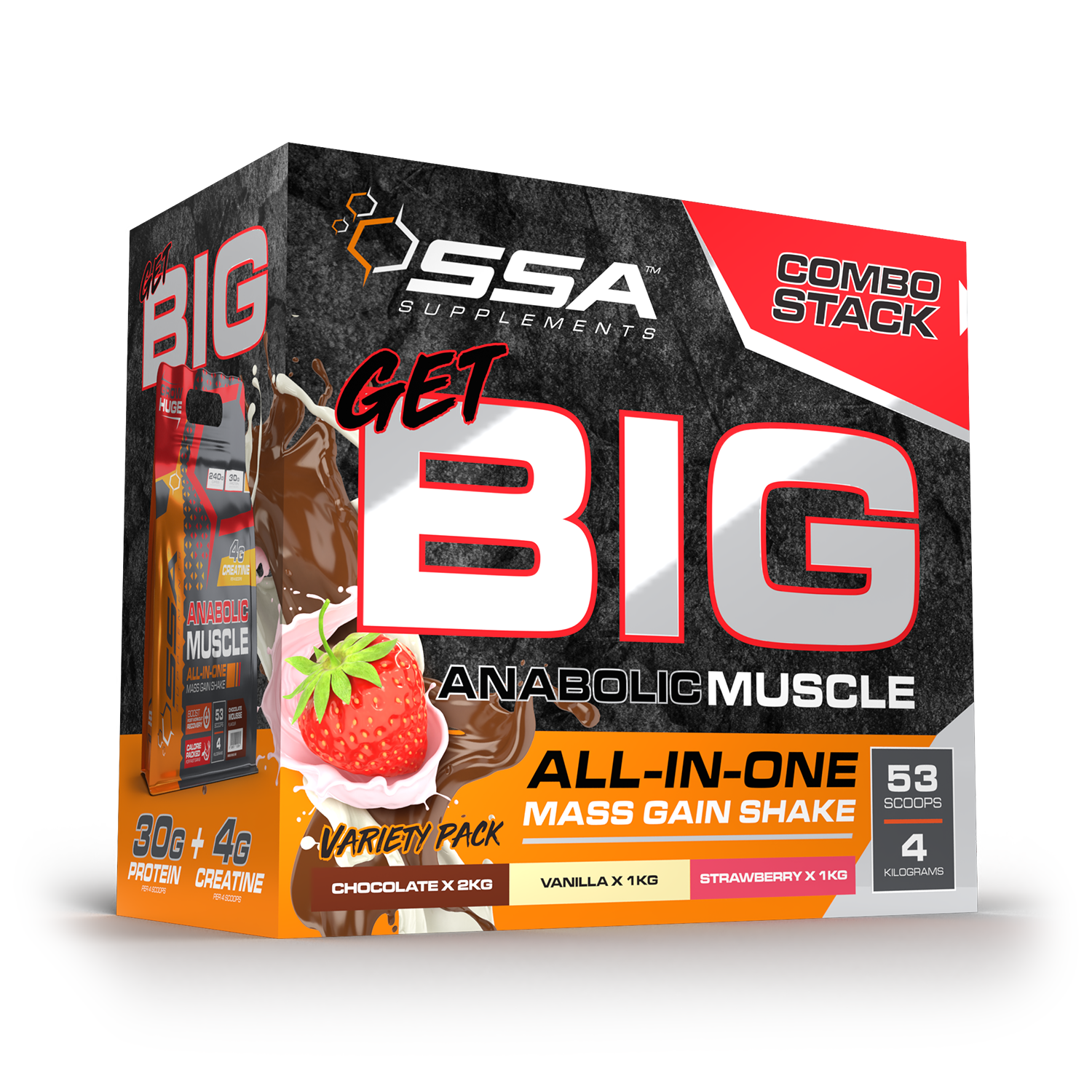 A packaged product labeled 'GET BIG ANABOLIC MUSCLE' by SSA SUPPLEMENTS, featuring images of a chocolate and a strawberry shake, indicating flavors vanilla and strawberry.