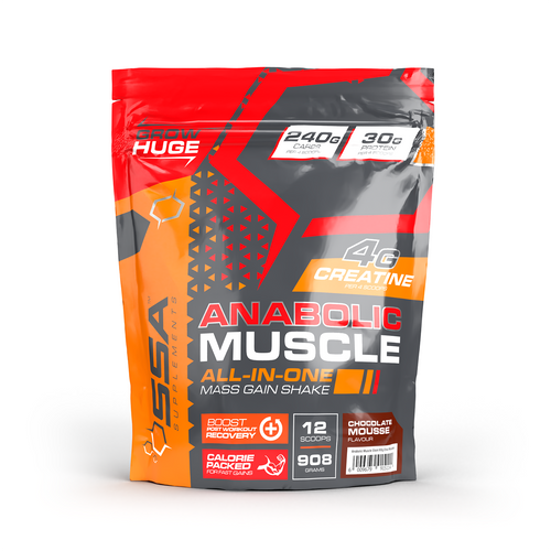 Anabolic Muscle mass gain shake package with red, orange, and black design on a white background