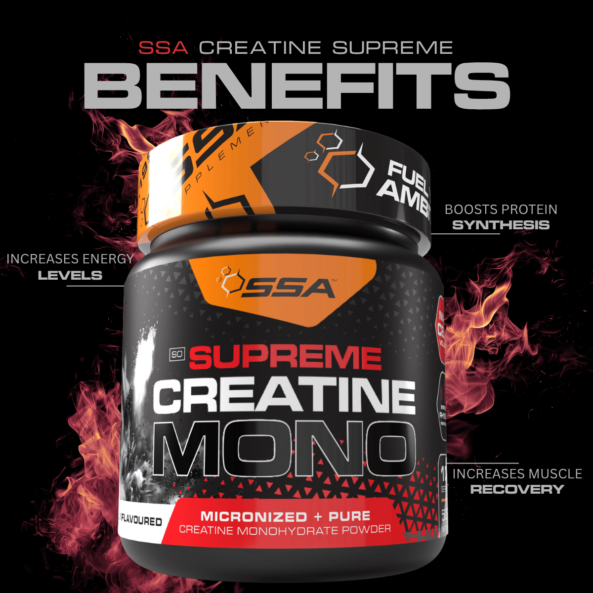 Supplement container labeled 'Supreme Creatine Mono' with SSA branding on a dark background.