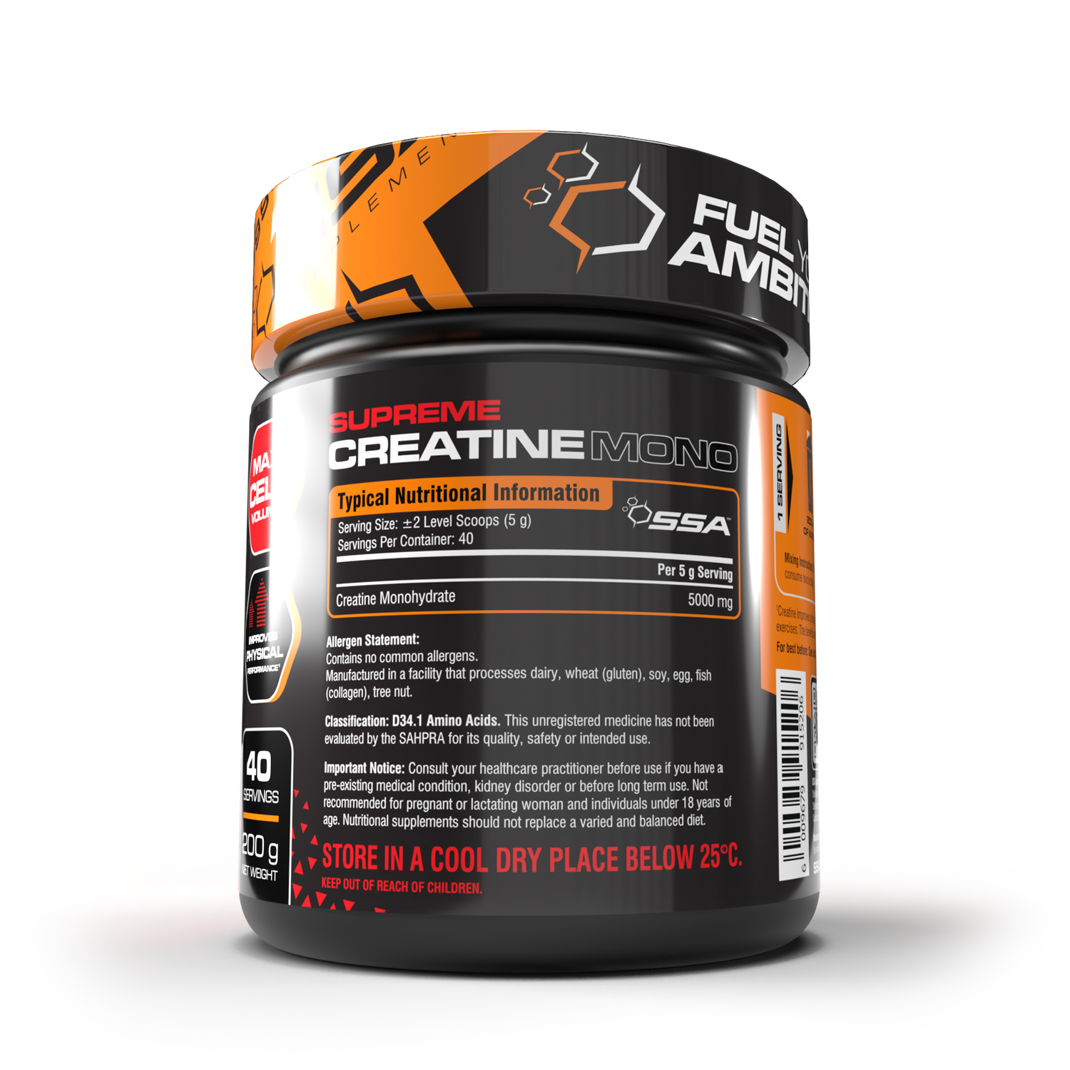 Supplement container labeled 'Supreme Creatine Mono' on a white background