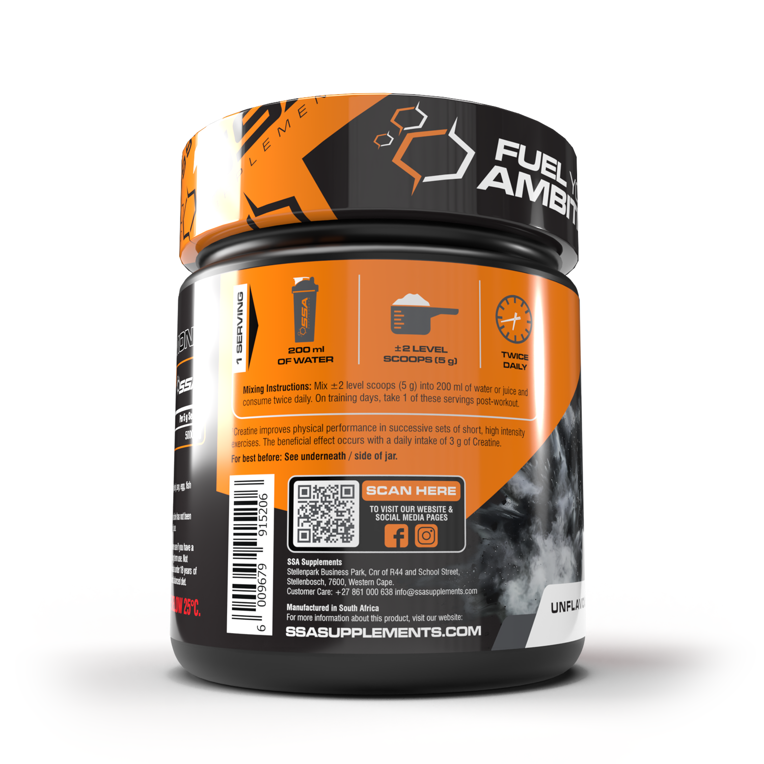creatine supreme supplement container with orange and black design on a white background
