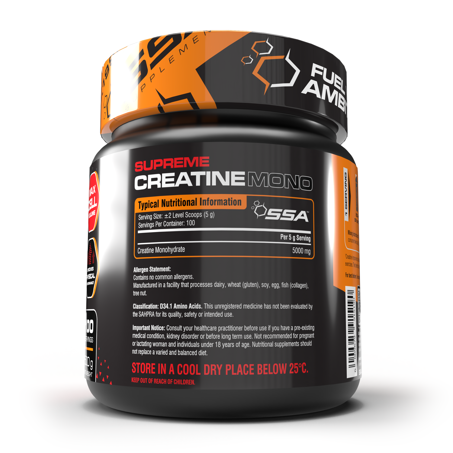 Supplement container labeled 'Supreme Creatine Mono' with black and orange design on a white background