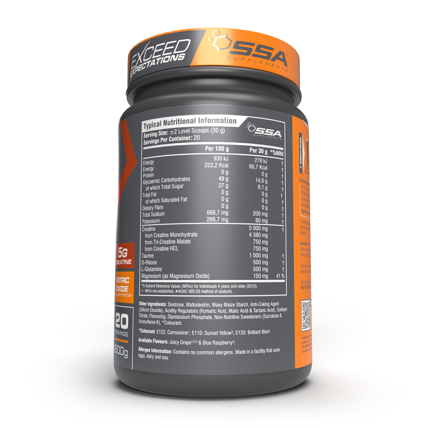 Supplement container with nutritional information label on a white background