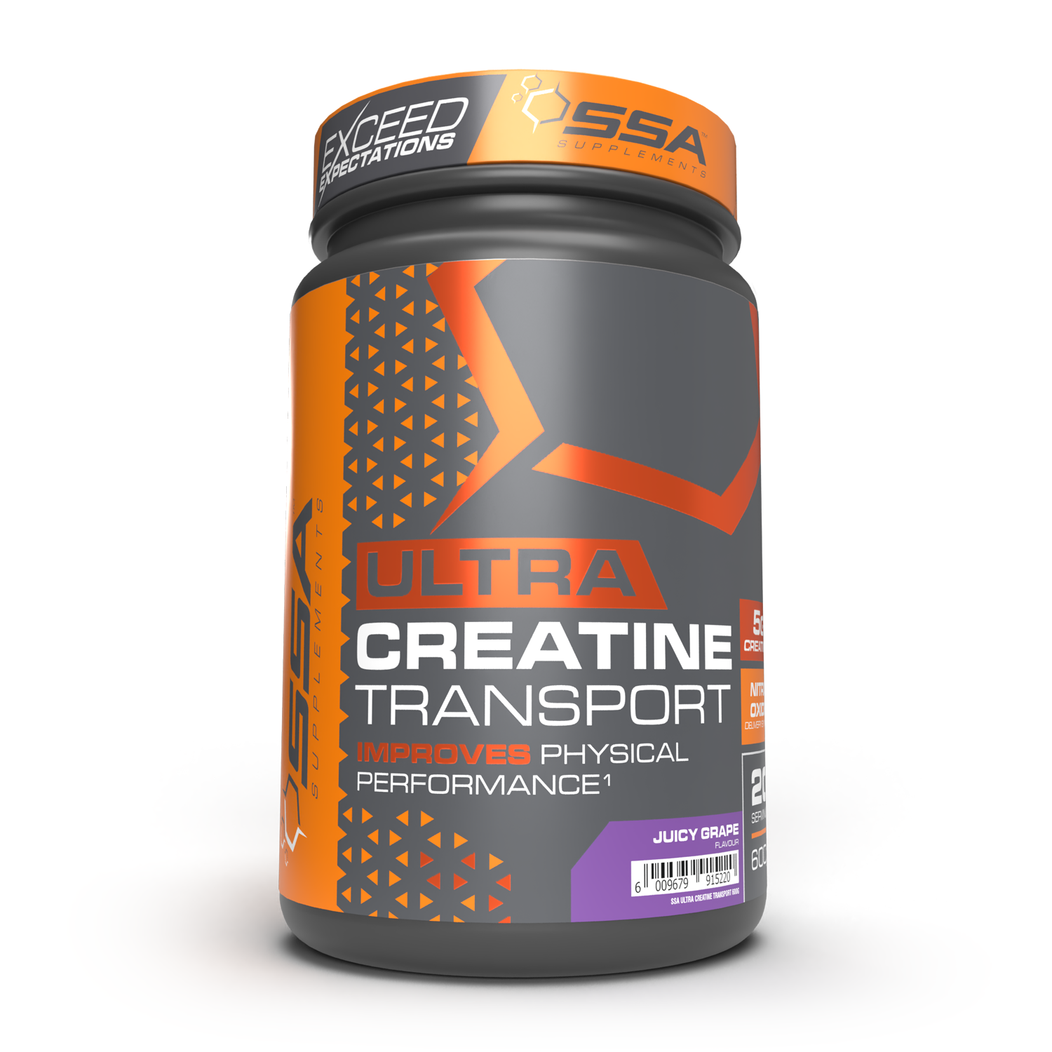 Supplement container labeled 'Ultra Creatine Transport' with orange and gray design on a white background
