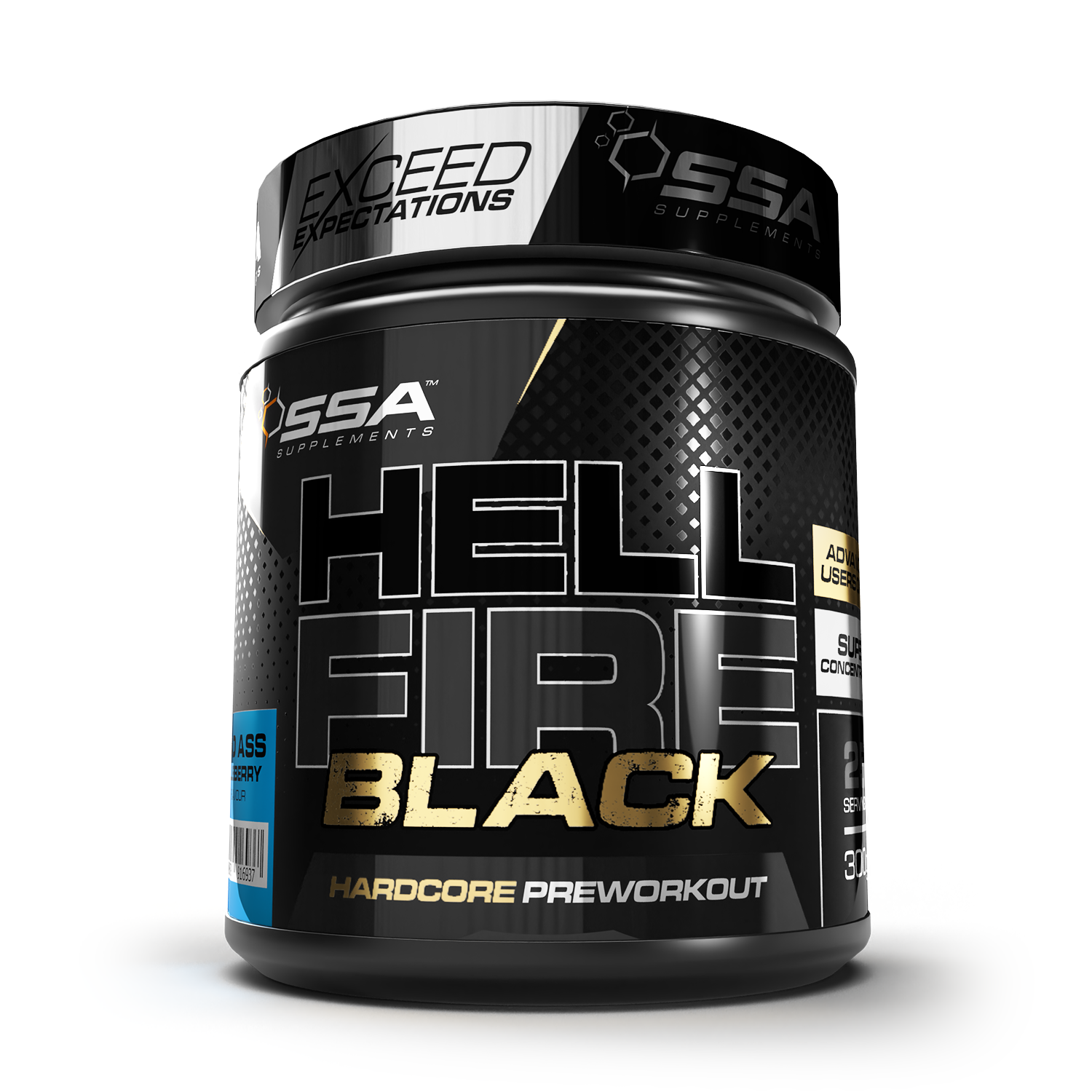 A container of SSA Hellfire Black, a pre-workout supplement, with a predominantly black design featuring white and gold text, and a graphic of a skull and crossbones.