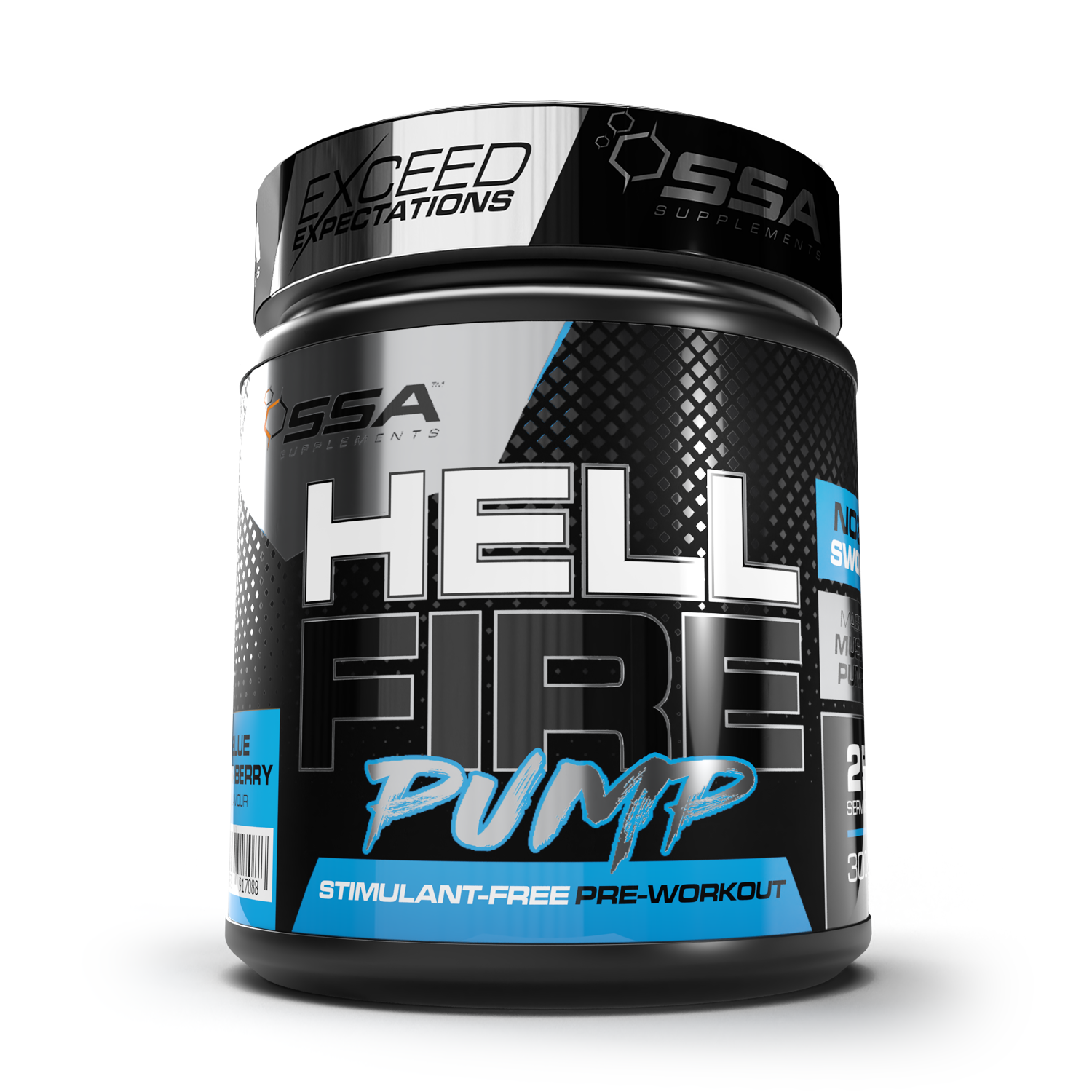 A container of SSA Supplements Hellfire Pump Max, a stimulant-free pre-workout supplement.