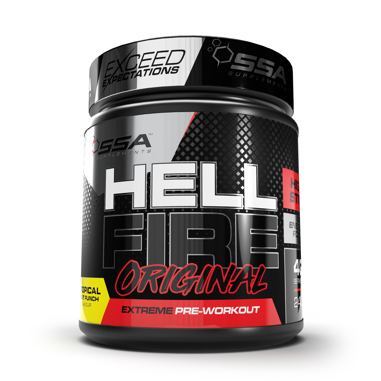 Pre-workout supplement container labeled 'Hell Fire Original' by SSA Supplements on a white background.