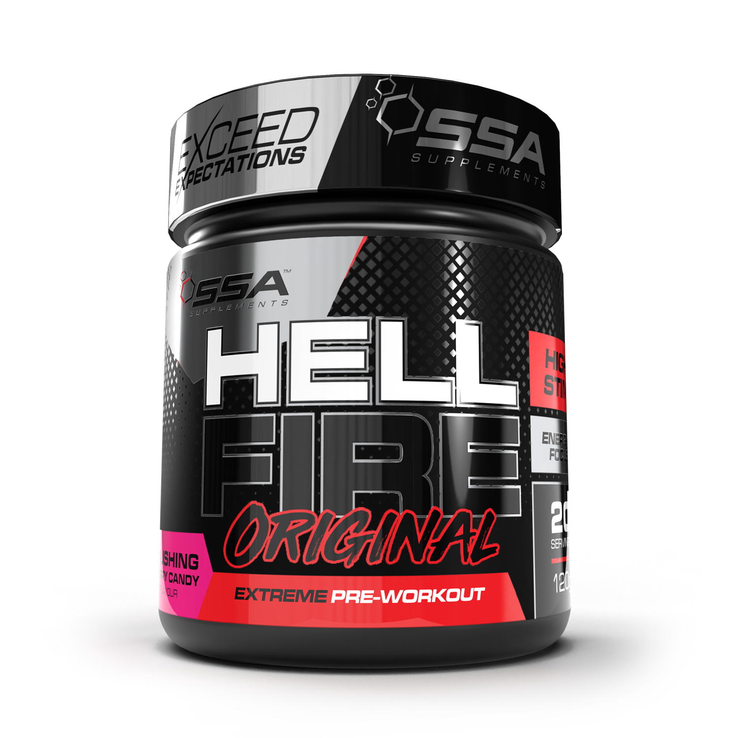SSA Supplements Hell Fire Original pre-workout supplement container on a white background