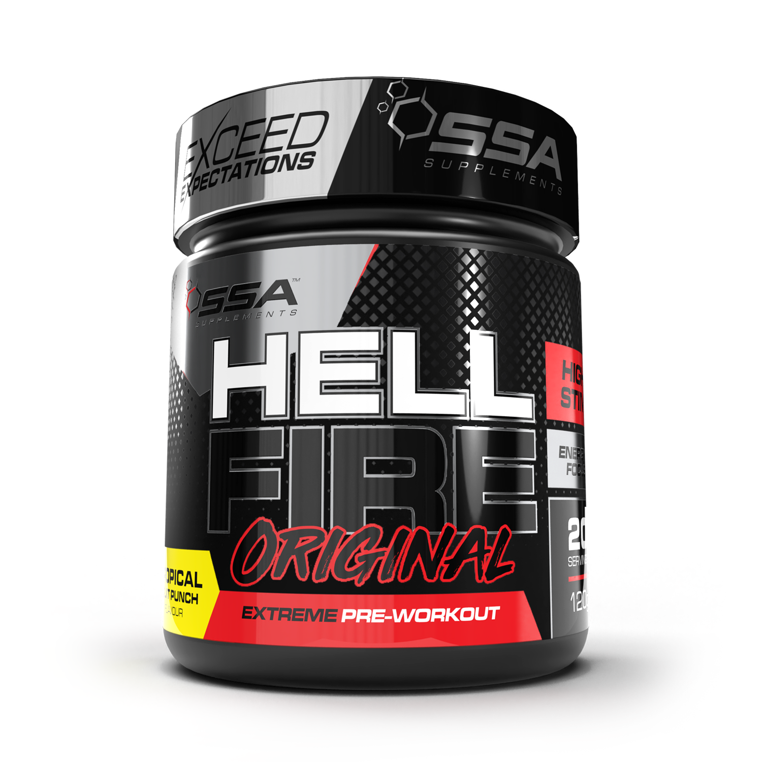 SSA Supplements Hell Fire Original pre-workout supplement container on a white background