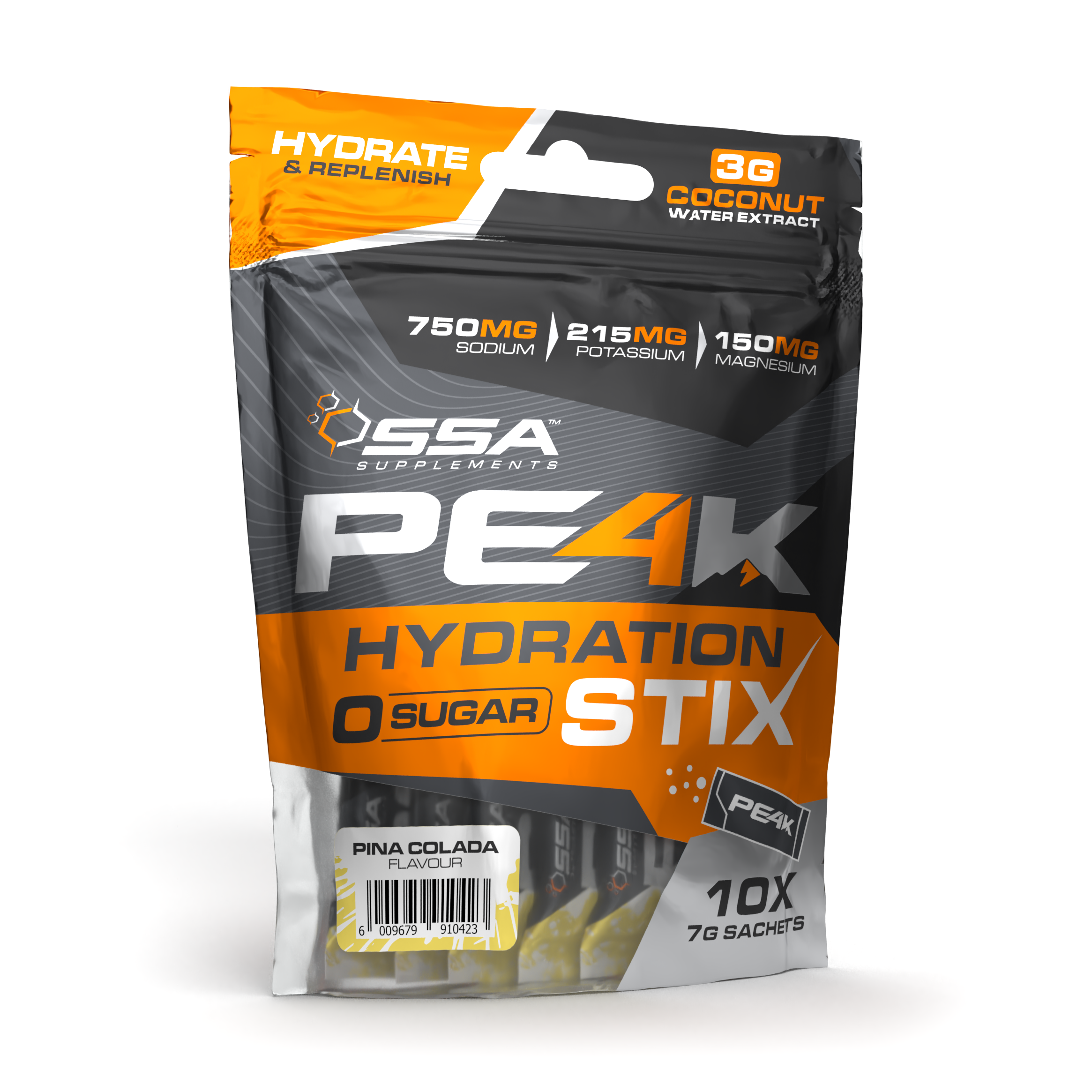 Packaging of SSA PEAK Hydration Stix on a white background