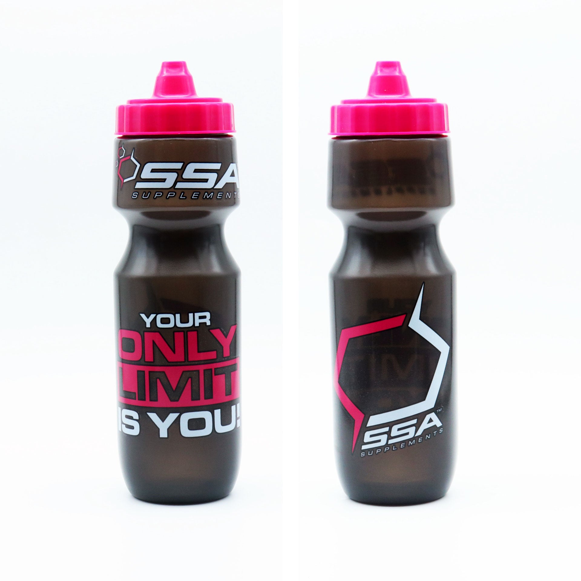 Two SSA branded water bottles, one with a pink cap and the other with a black cap. Both display the text 'YOUR ONLY LIMIT IS YOU' and the SSA logo.