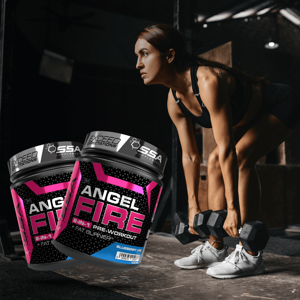 Woman exercising with two containers of ANGEL FIRE pre-workout supplement in a gym setting.