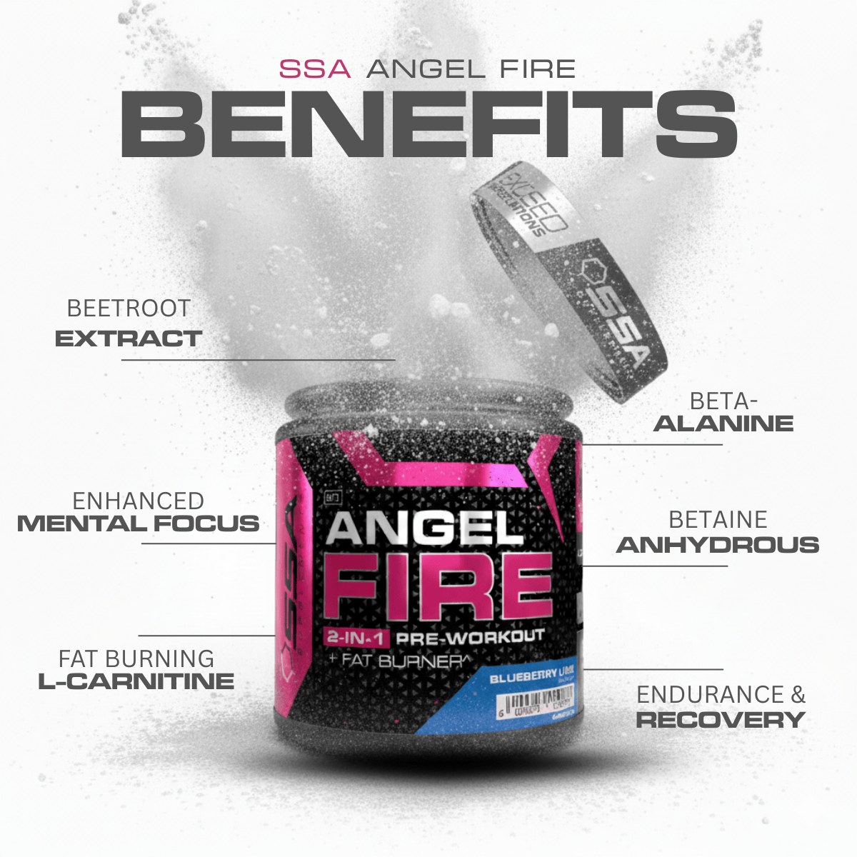 SSA Angel Fire pre-workout supplement container with benefits listed on a white background