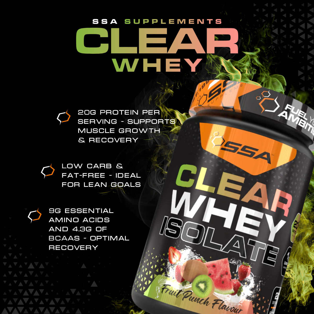 SSA Supplements Clear Whey Isolate protein powder packaging with nutritional information on a dark background.