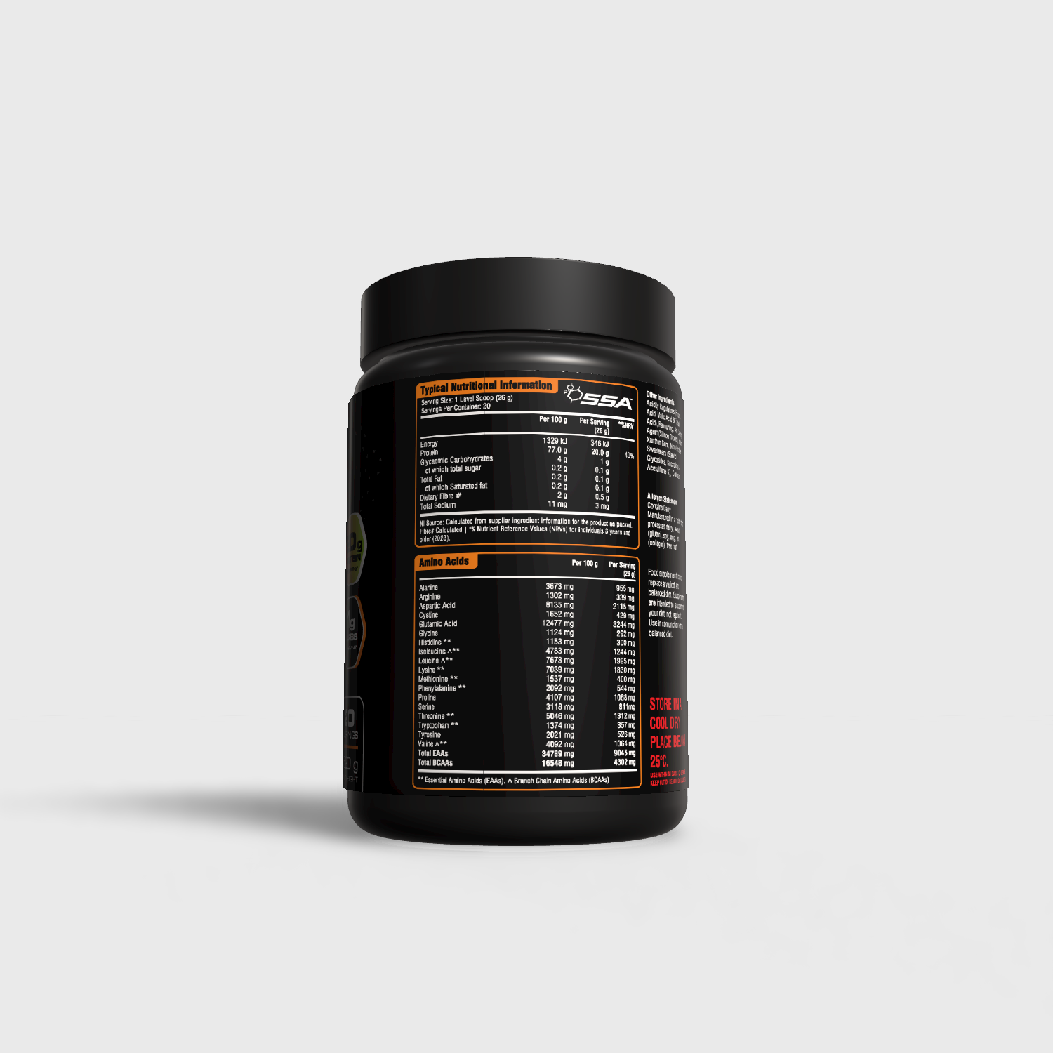 Black supplement container with label on a light gray background