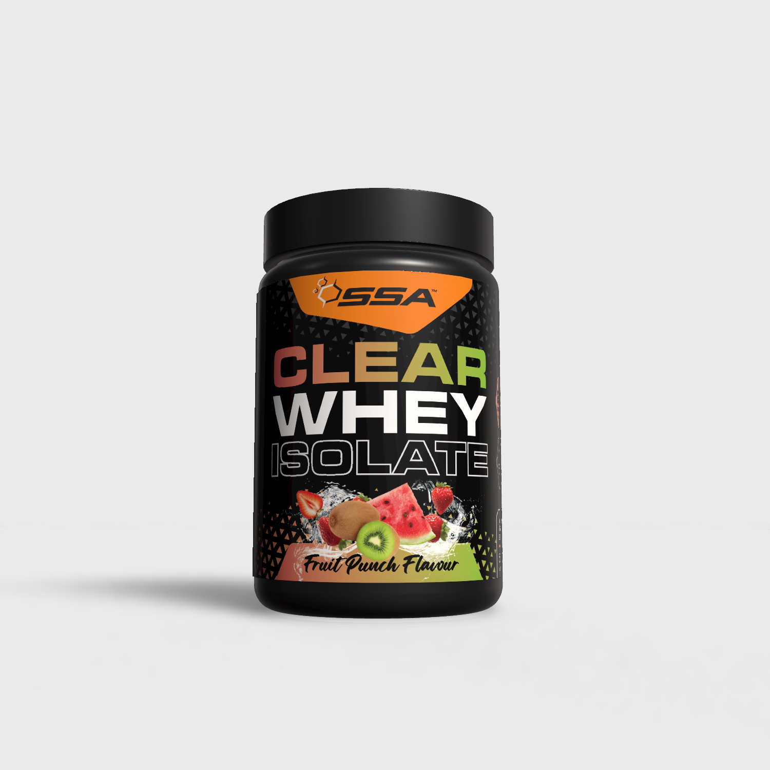 SSA Clear Whey Isolate protein powder container with fruit punch flavor on a light gray background