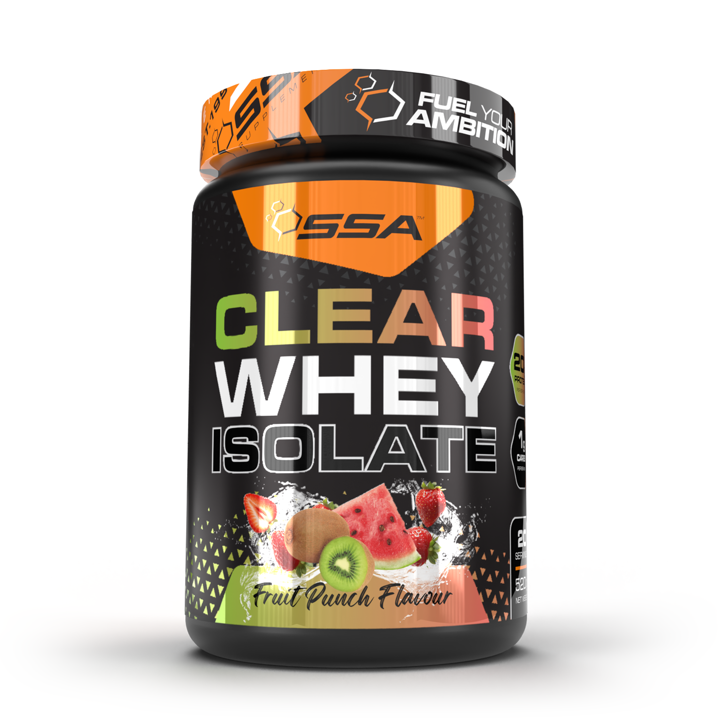 Container of SSA Clear Whey Isolate protein powder with fruit punch flavor on a white background