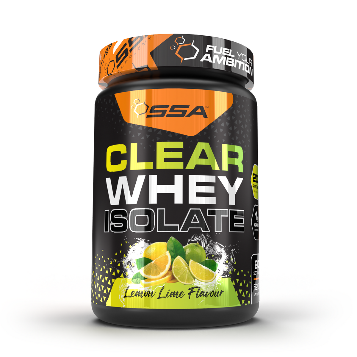 SSA Clear Whey Isolate supplement container with lemon lime flavor on a white background