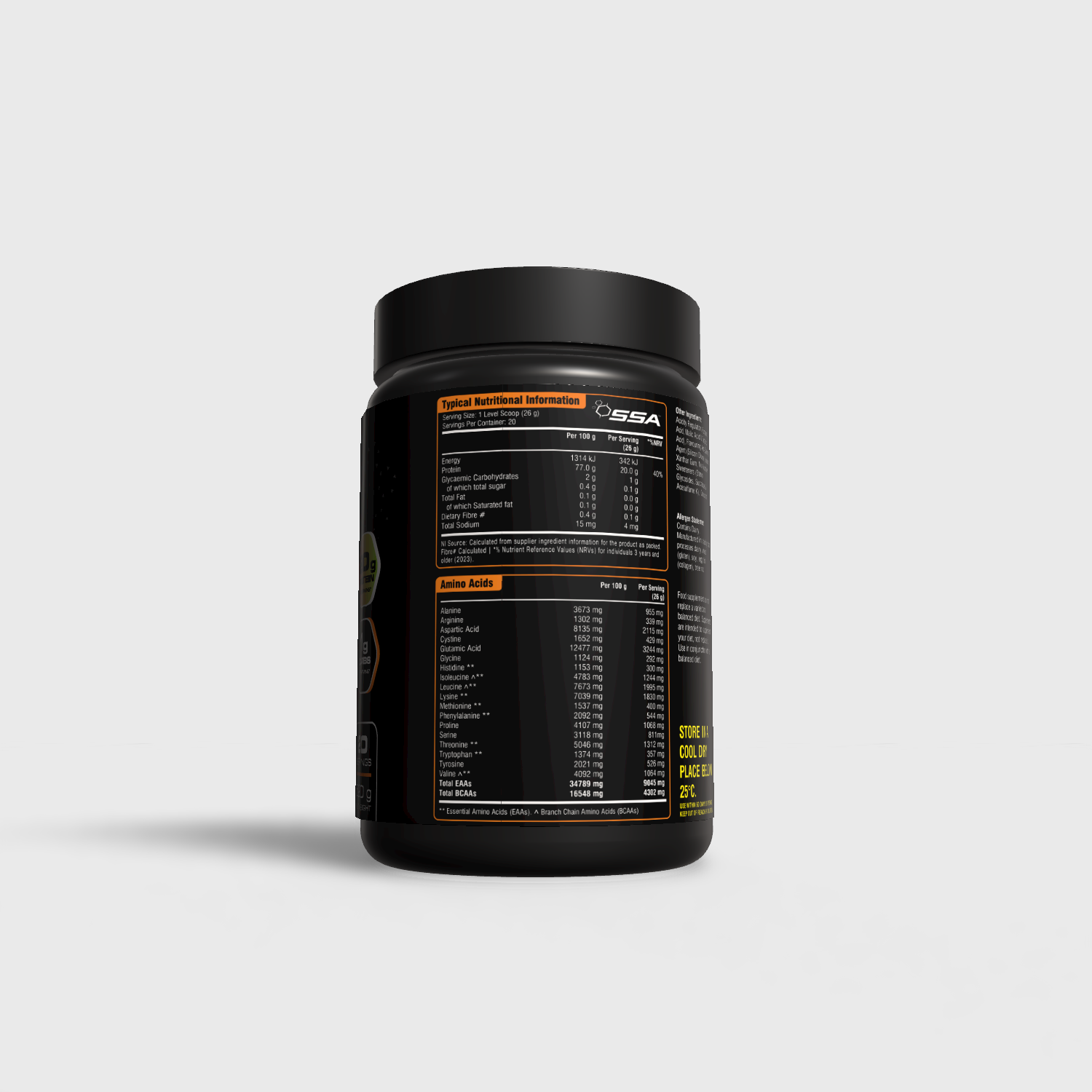 Black supplement container with label on a light gray background