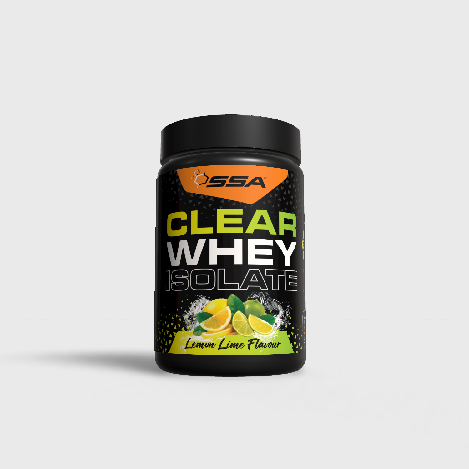 Container of Clear Whey Isolate lemon lime flavor on a light gray background