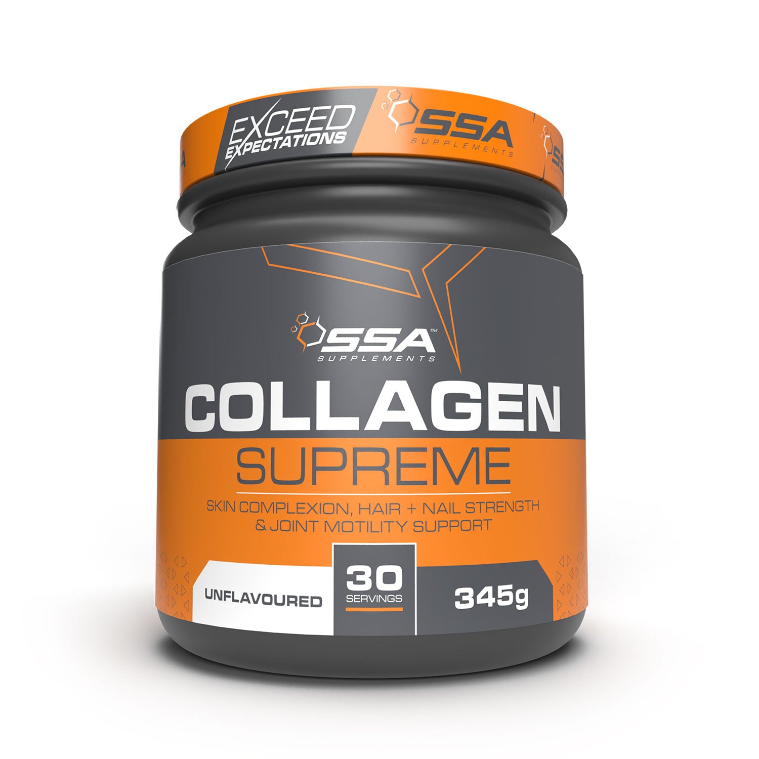 A container of SSA Superior Collagen Supreme, which is unflavored and weighs 345g, designed to support skin, hair, nail health, and joint mobility.