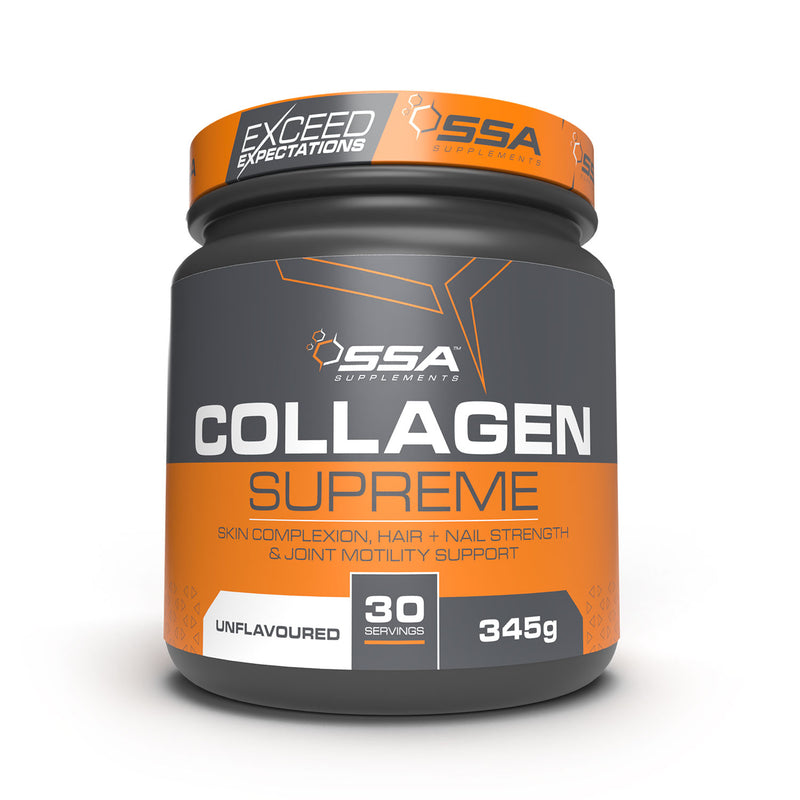 A container of SSA Superior Collagen Supreme, which is unflavored and weighs 345g, designed to support skin, hair, nail health, and joint mobility.