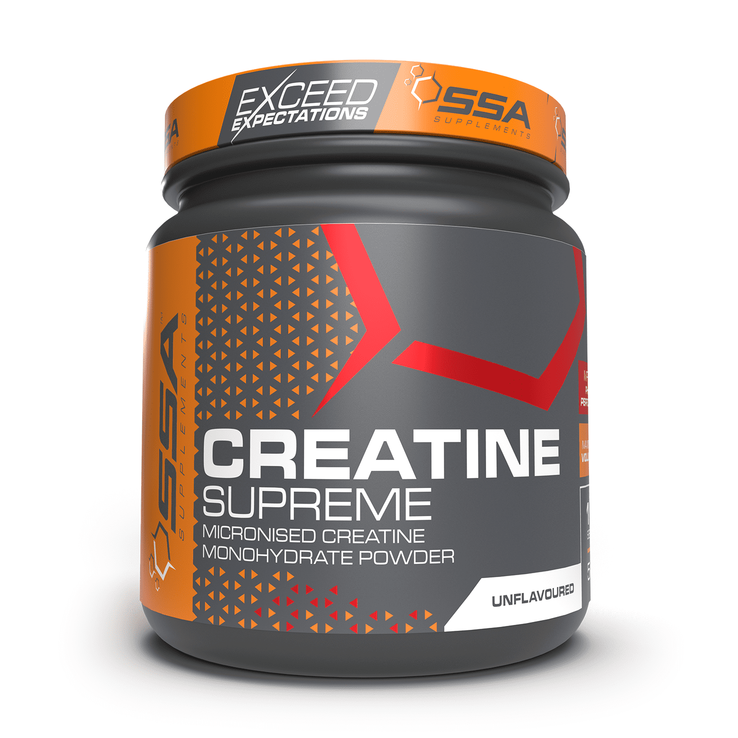 A container of SSA Creatine Supreme - Micronised Monohydrate with a gray and orange color scheme, labeled as 'Unflavoured'.
