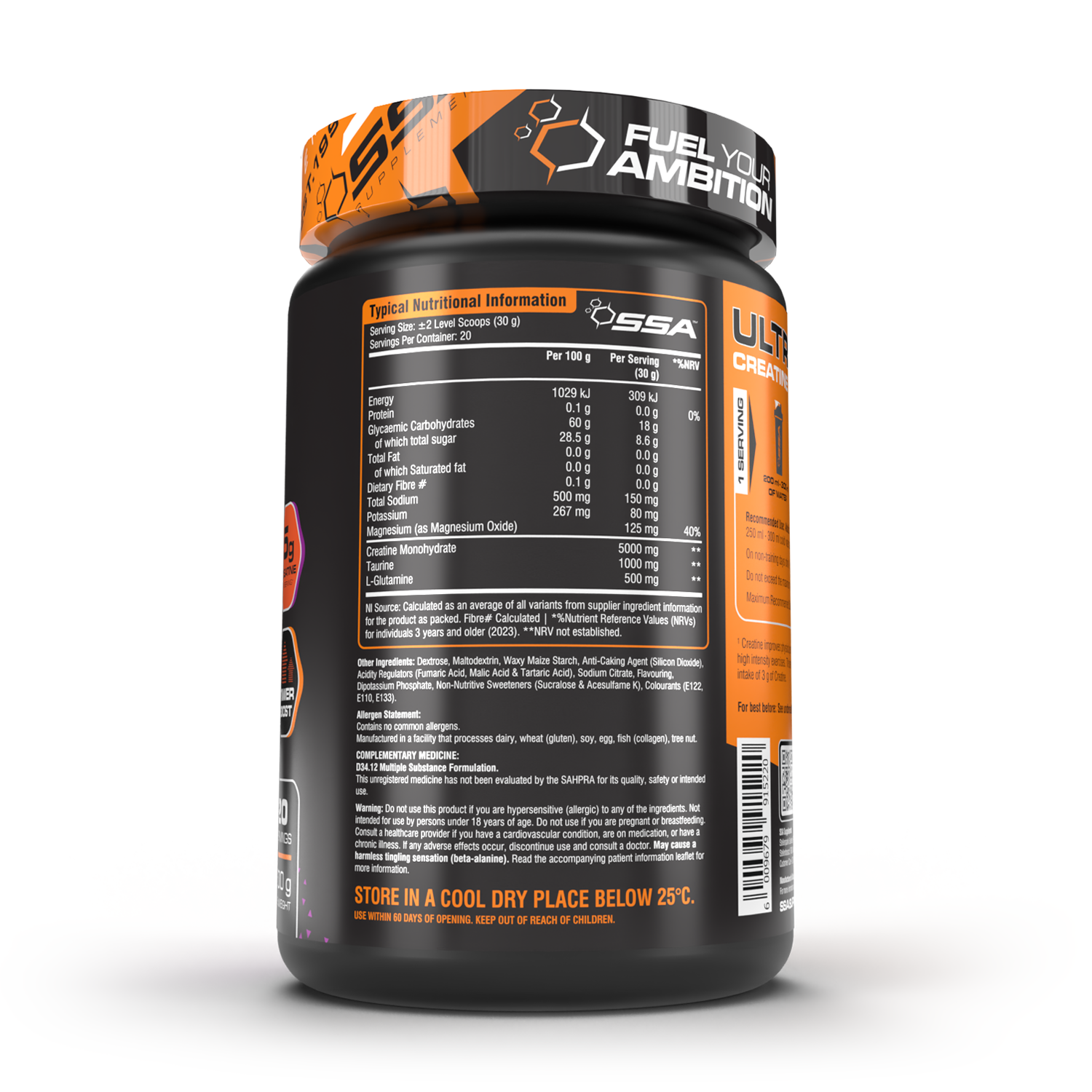 Supplement container with nutritional information on a white background