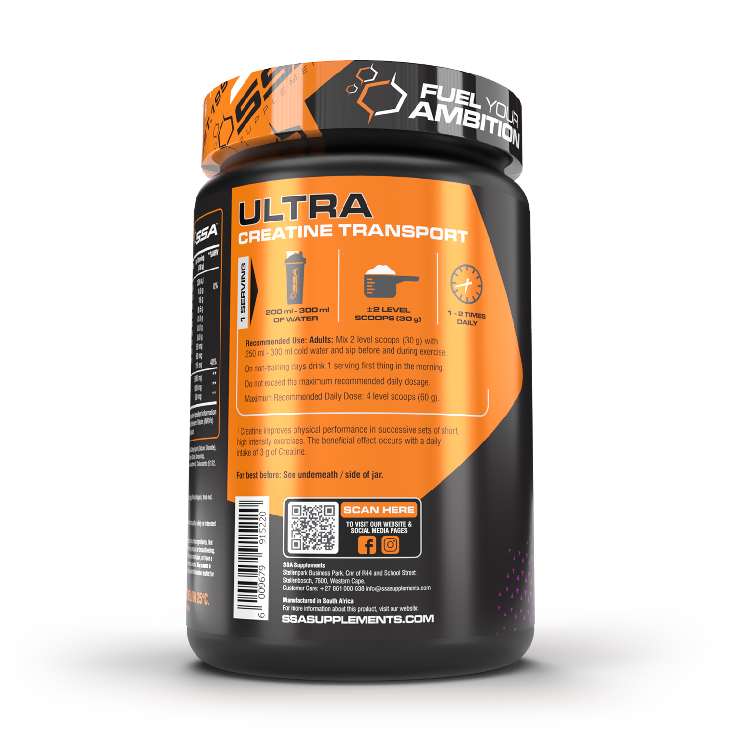 Supplement container with orange and black label on a white background