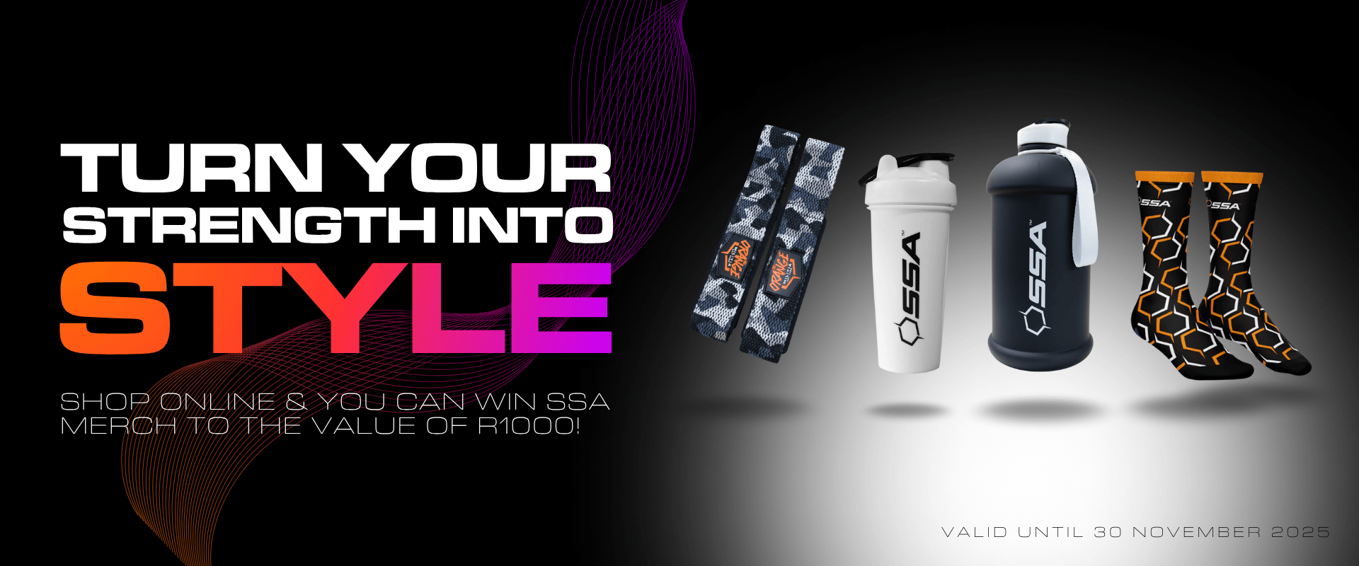 SSA fitness products including bottles and socks with promotional text on a dark background