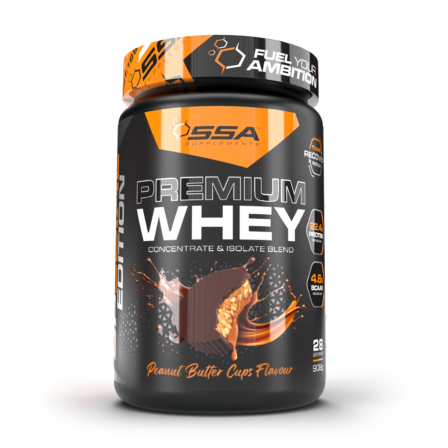A container of SSA Supplements Premium Whey protein powder in Peanut Butter Cups flavor. The container is predominantly black and orange with an image of peanut butter cups on it.