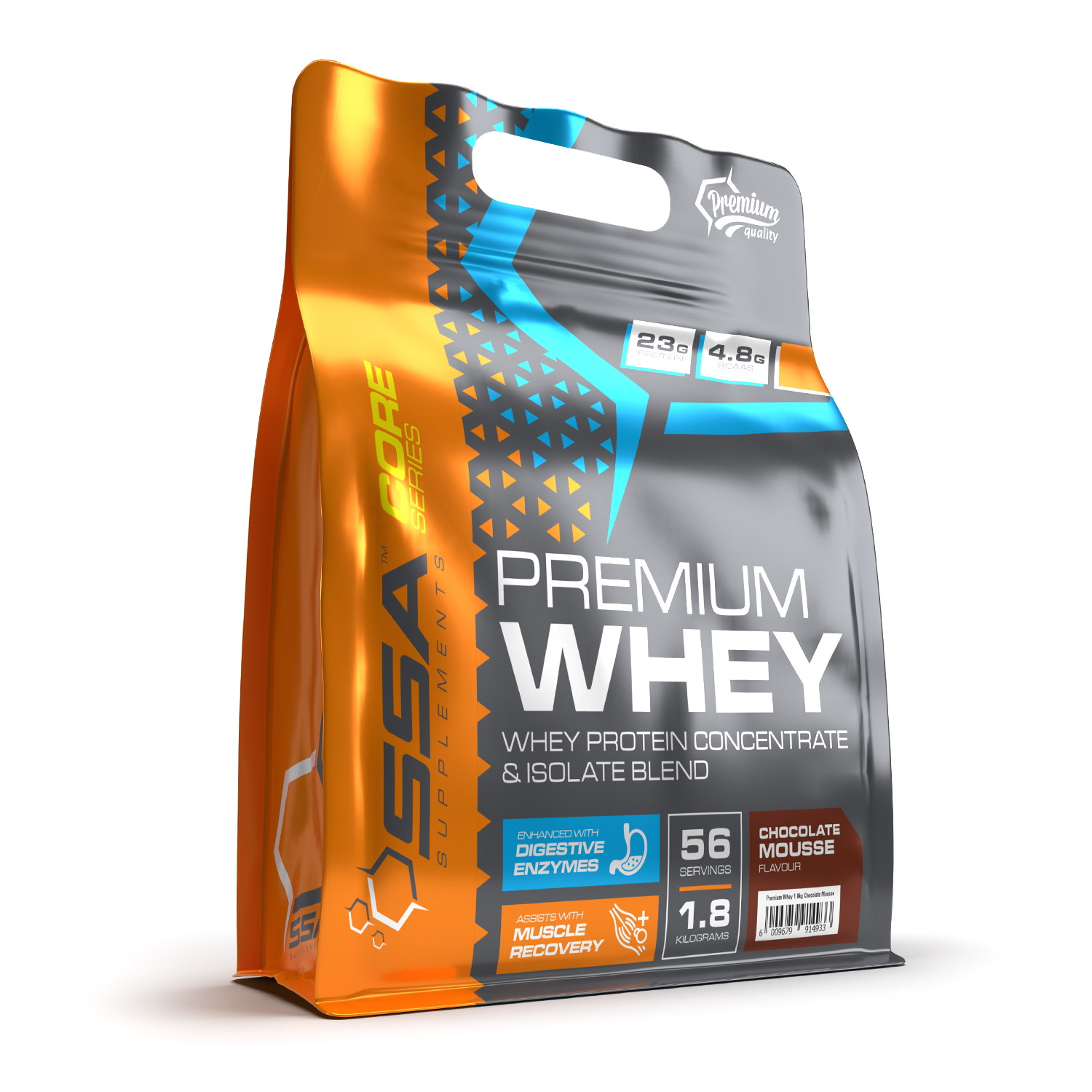 Orange and gray package of SSA Premium Whey protein powder on a white background