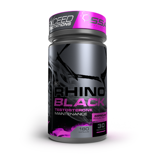 Supplement container labeled 'Rhino Black' with purple and black design on a white background