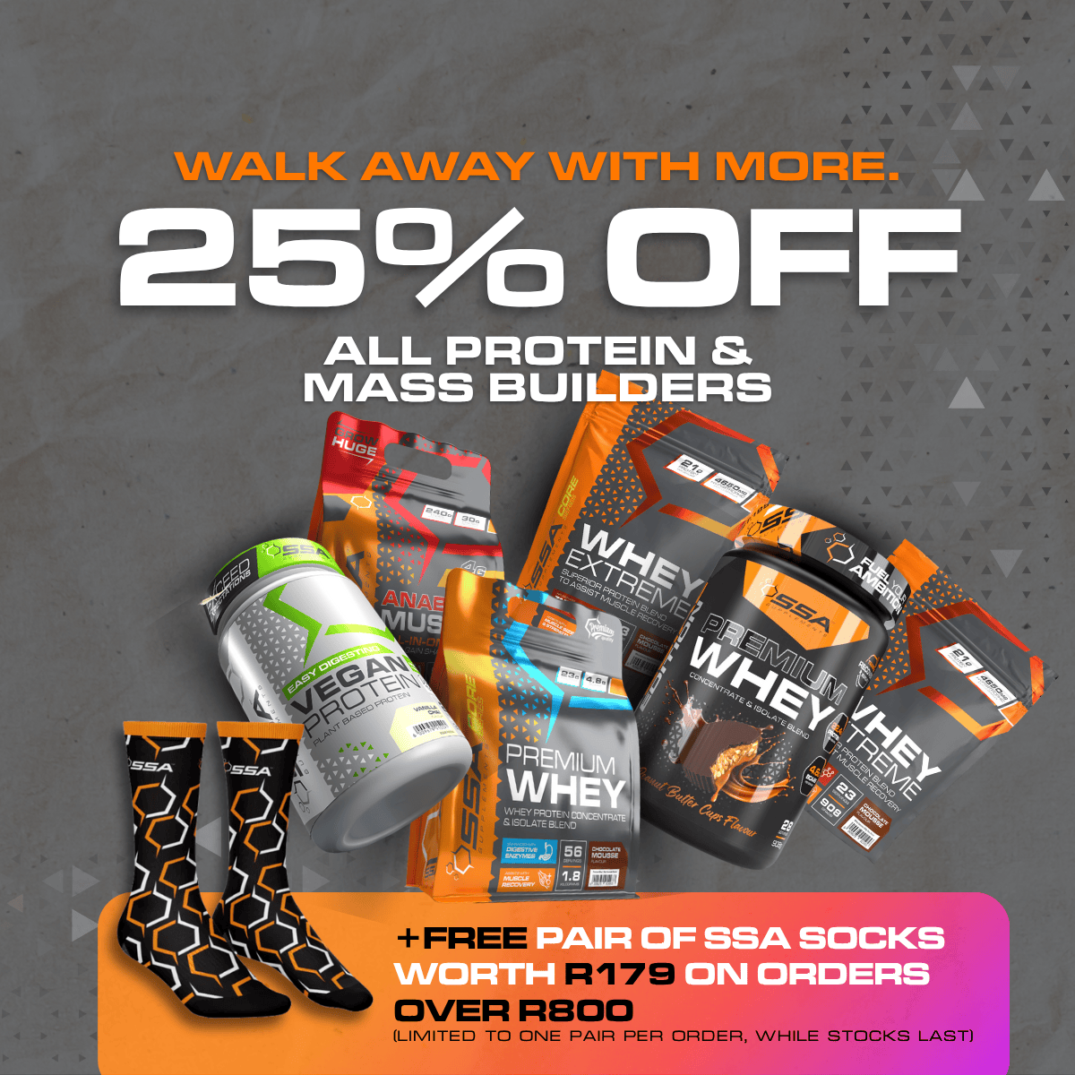 Promotional advertisement for protein products and socks with a discount offer on a gray background.
