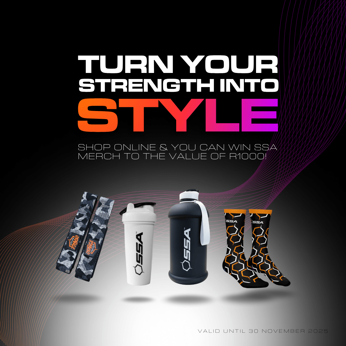 Promotional graphic with fitness accessories and text 'Turn Your Strength into Style' on a dark background.