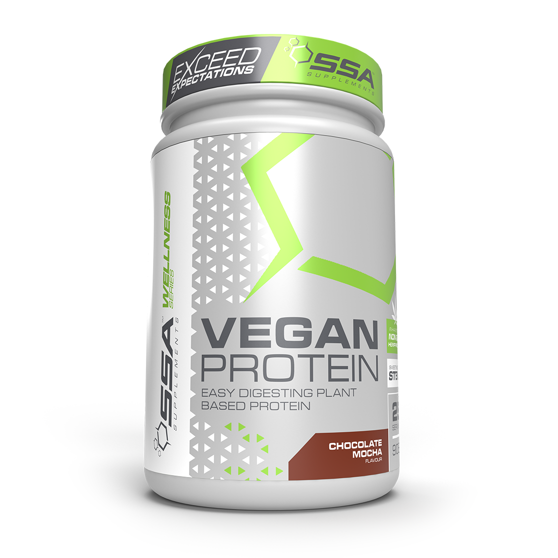 A container of SSA Supplements Vegan Protein powder in chocolate flavor, highlighting its features such as being easy-digesting and plant-based.