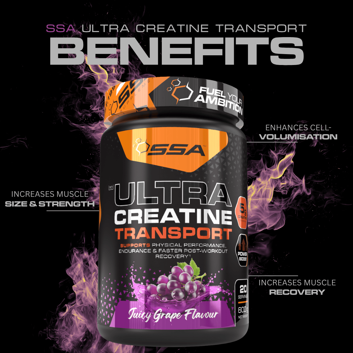 SSA Ultra Creatine Transport supplement bottle with benefits text on a dark background