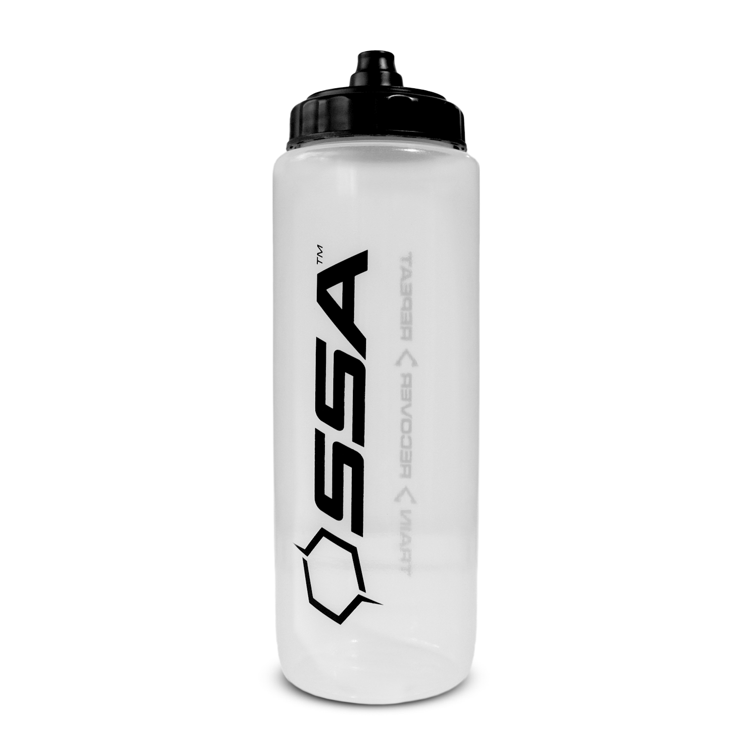 A clear plastic water bottle with a black cap and black printed logo that reads 'SSA' on the front.