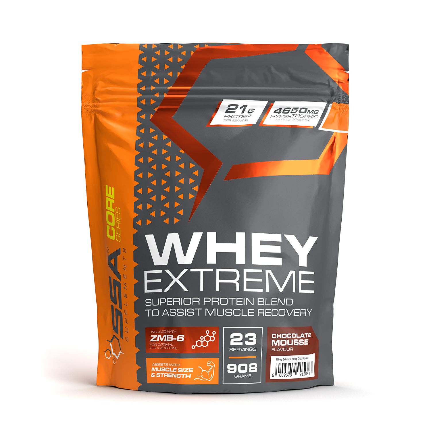 A package of SSA Whey Extreme protein powder in a chocolate mousse flavor, with a prominent display of the product name and benefits like '21g Protein', '46g Carbs', and '908 kcal' per serving.