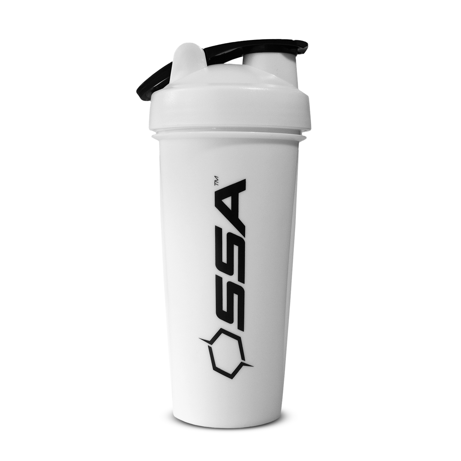 A black and white SSA shaker bottle with a capacity of 600ml, designed for mixing smoothies and shakes.